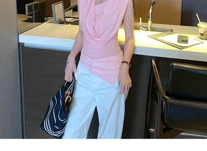 Asymmetrical Cowl Neck Short Sleeve Solid Blouse