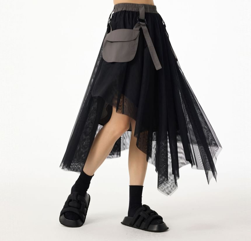 Elastic Waist Asymmetrical Flap Pocket Panel Mesh Midi A-Line Skirt
