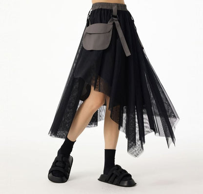 Elastic Waist Asymmetrical Flap Pocket Panel Mesh Midi A-Line Skirt