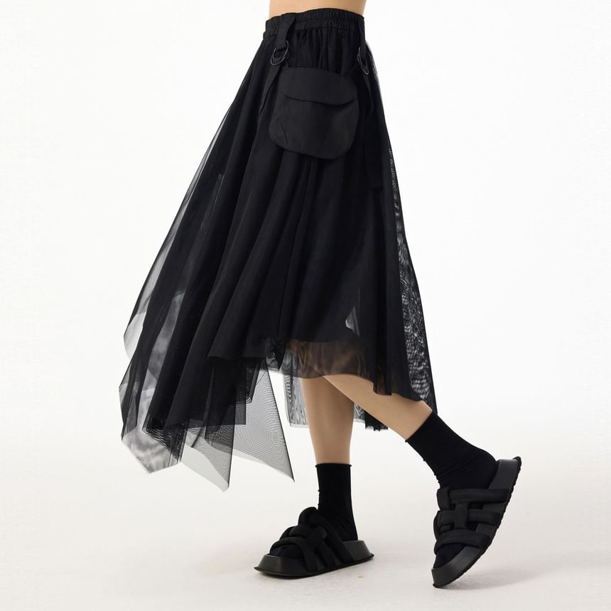 Elastic Waist Asymmetrical Flap Pocket Panel Mesh Midi A-Line Skirt