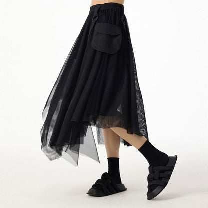 Elastic Waist Asymmetrical Flap Pocket Panel Mesh Midi A-Line Skirt