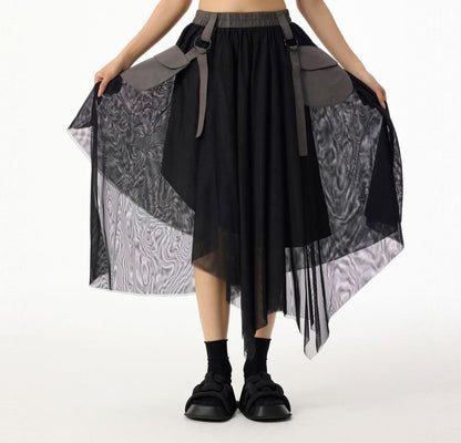 Elastic Waist Asymmetrical Flap Pocket Panel Mesh Midi A-Line Skirt