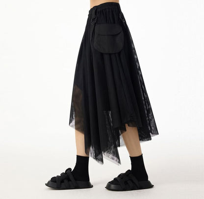 Elastic Waist Asymmetrical Flap Pocket Panel Mesh Midi A-Line Skirt