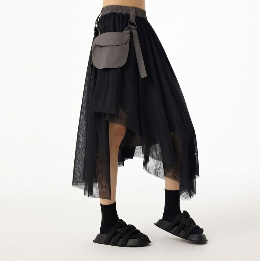 Elastic Waist Asymmetrical Flap Pocket Panel Mesh Midi A-Line Skirt
