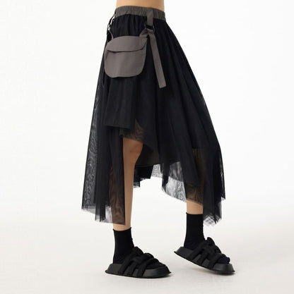 Elastic Waist Asymmetrical Flap Pocket Panel Mesh Midi A-Line Skirt
