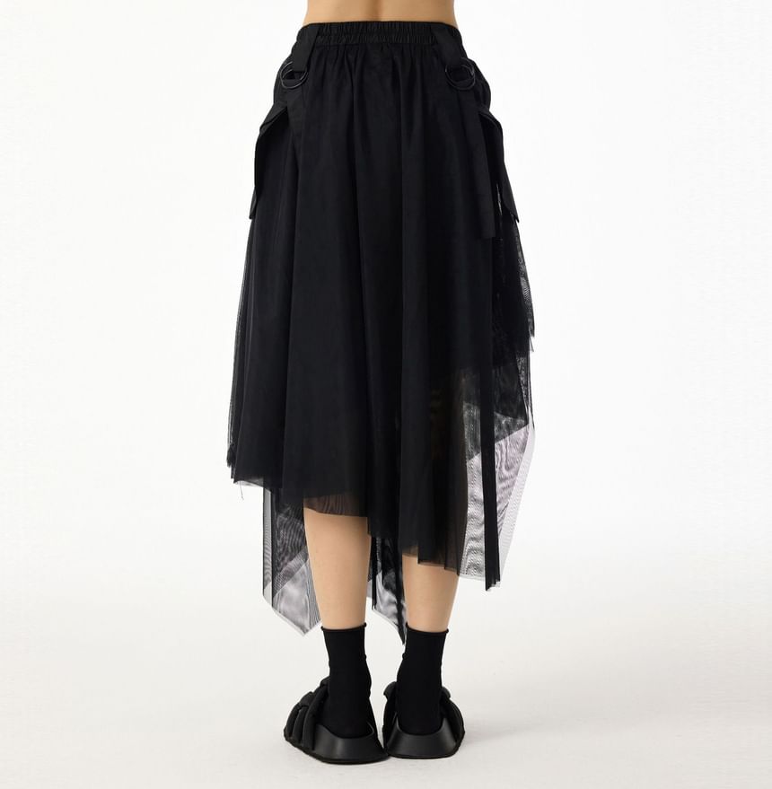 Elastic Waist Asymmetrical Flap Pocket Panel Mesh Midi A-Line Skirt