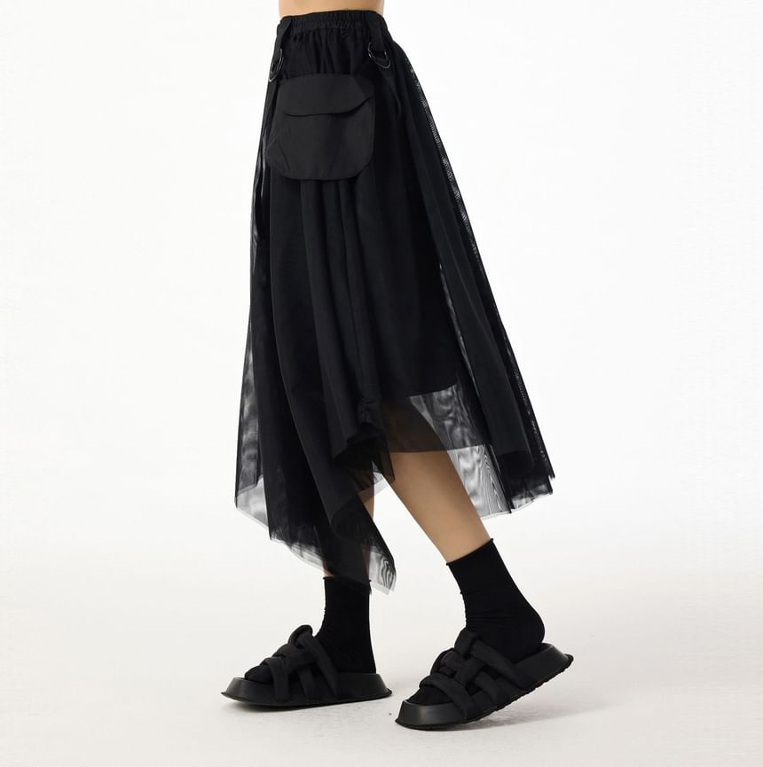 Elastic Waist Asymmetrical Flap Pocket Panel Mesh Midi A-Line Skirt
