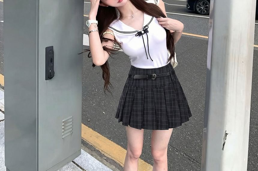 High Waist Plaid Pleated Mini A-Line Skirt
