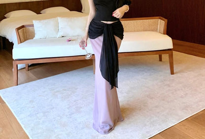 Sweetheart Neckline Plain Crop Tube Top / Mid Rise Two Tone Maxi Mermaid Skirt
