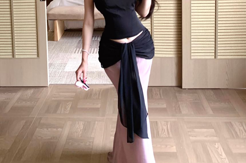 Sweetheart Neckline Plain Crop Tube Top / Mid Rise Two Tone Maxi Mermaid Skirt