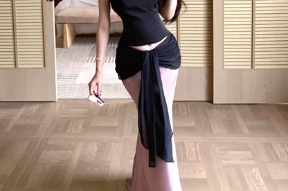 Sweetheart Neckline Plain Crop Tube Top / Mid Rise Two Tone Maxi Mermaid Skirt