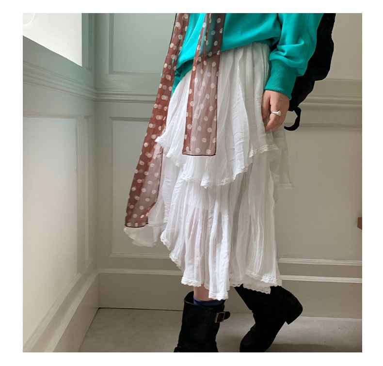 Mid Rise Plain Lace Trim Midi Tiered Skirt