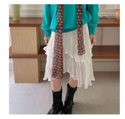 Mid Rise Plain Lace Trim Midi Tiered Skirt