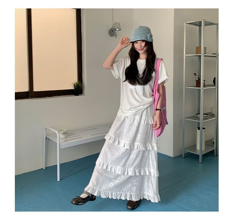 Mid Rise Plain Ruffle Trim Maxi A-Line Skirt