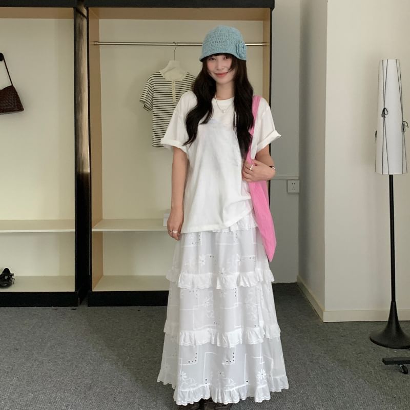 Mid Rise Plain Ruffle Trim Maxi A-Line Skirt