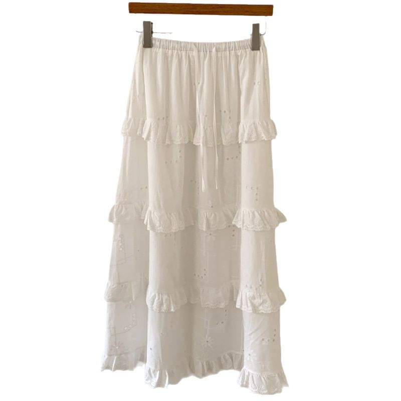 Mid Rise Plain Ruffle Trim Maxi A-Line Skirt