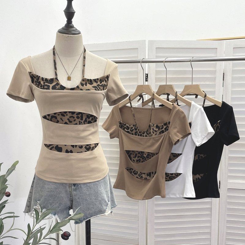 Short Sleeve Halter Leopard Print Mock Two Piece Top