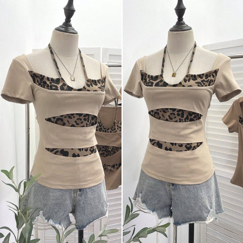 Short Sleeve Halter Leopard Print Mock Two Piece Top