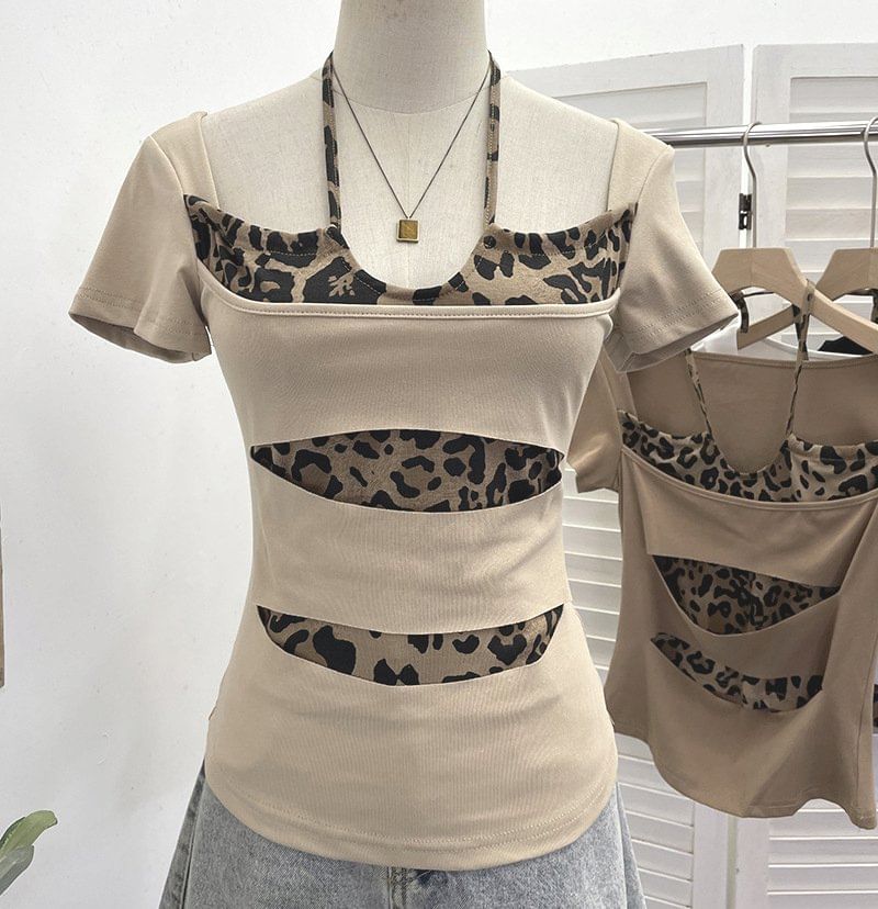 Short Sleeve Halter Leopard Print Mock Two Piece Top