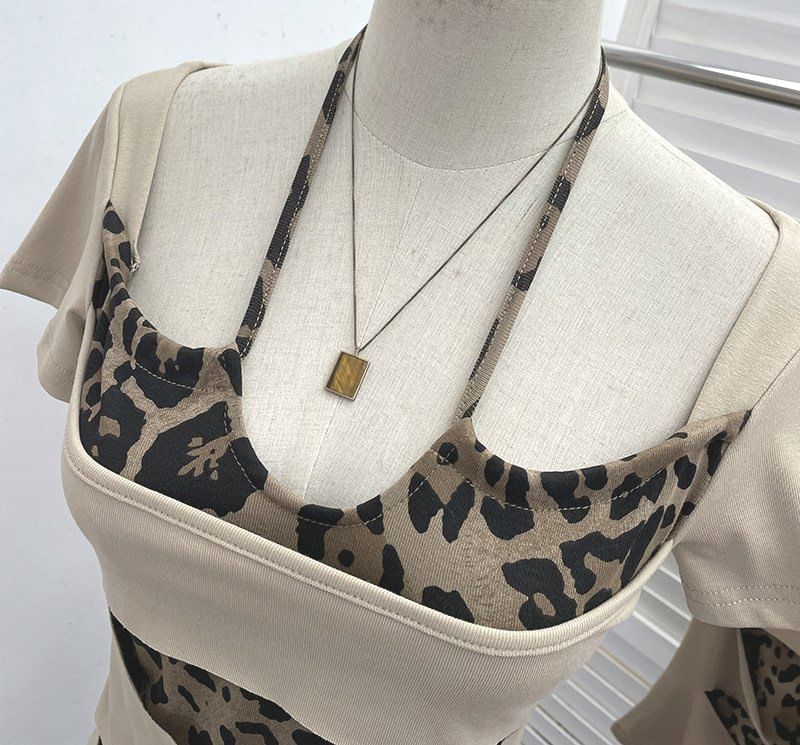 Short Sleeve Halter Leopard Print Mock Two Piece Top