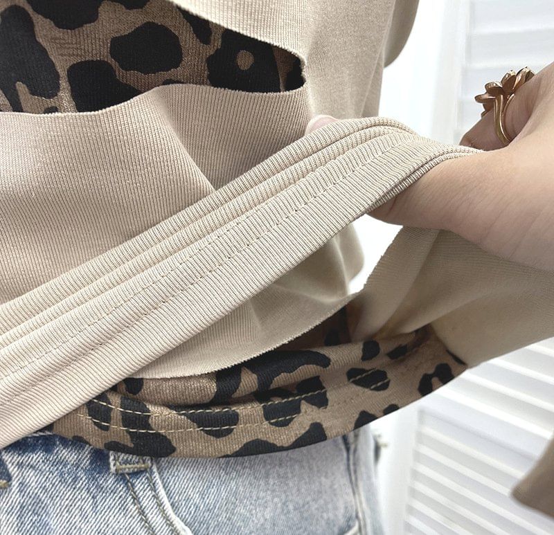 Short Sleeve Halter Leopard Print Mock Two Piece Top