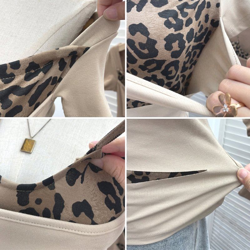 Short Sleeve Halter Leopard Print Mock Two Piece Top