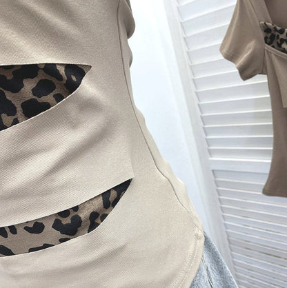 Short Sleeve Halter Leopard Print Mock Two Piece Top