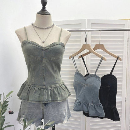 Panel Peplum Padded Denim Camisole Top