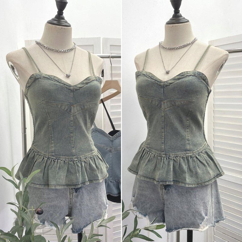 Panel Peplum Padded Denim Camisole Top