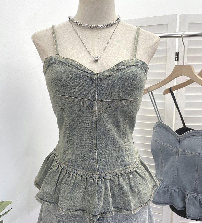 Panel Peplum Padded Denim Camisole Top