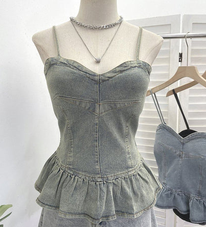 Panel Peplum Padded Denim Camisole Top