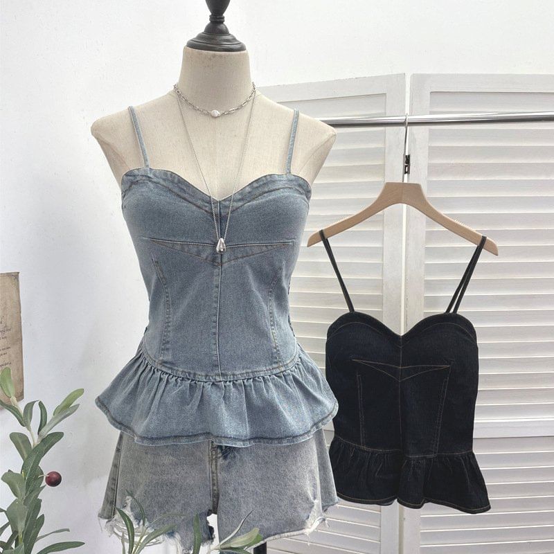 Panel Peplum Padded Denim Camisole Top