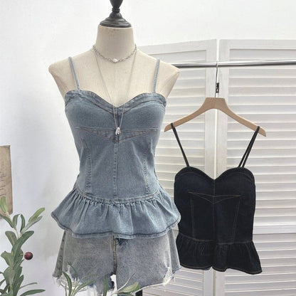 Panel Peplum Padded Denim Camisole Top