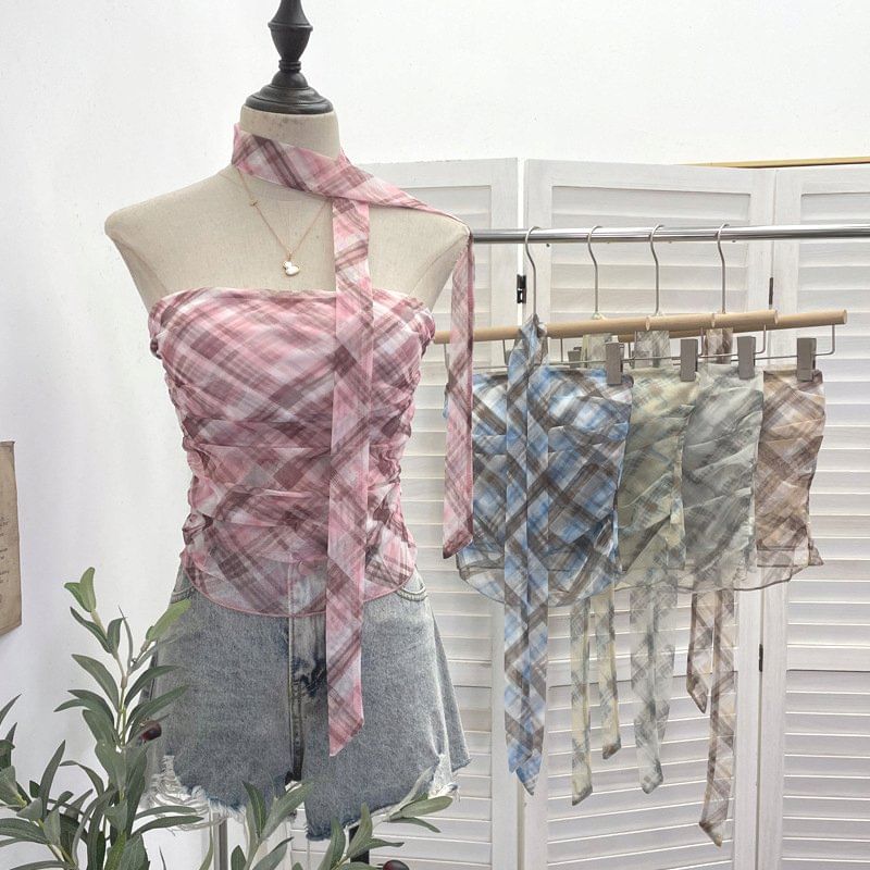 Plaid Ruched Padded Mesh Tube Top