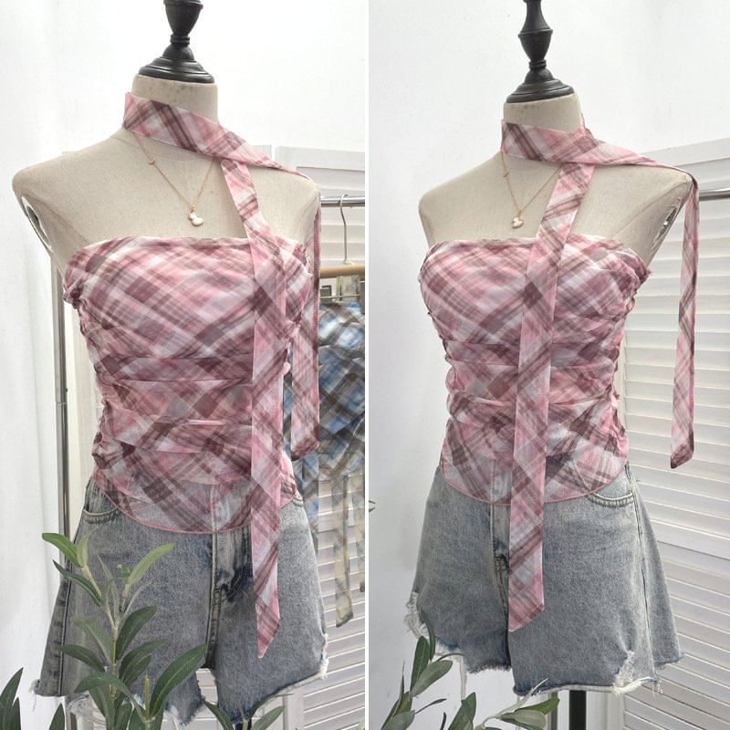 Plaid Ruched Padded Mesh Tube Top