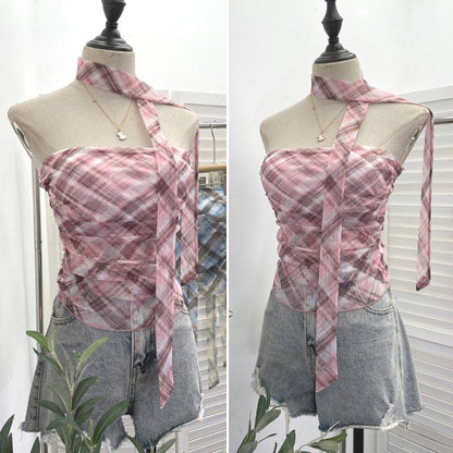 Plaid Ruched Padded Mesh Tube Top