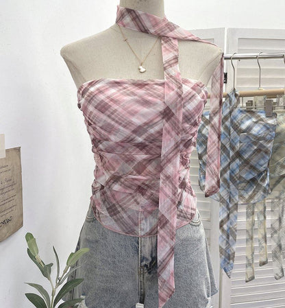 Plaid Ruched Padded Mesh Tube Top