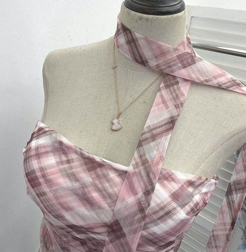Plaid Ruched Padded Mesh Tube Top