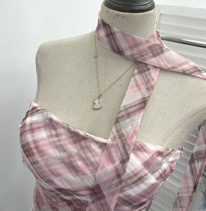 Plaid Ruched Padded Mesh Tube Top