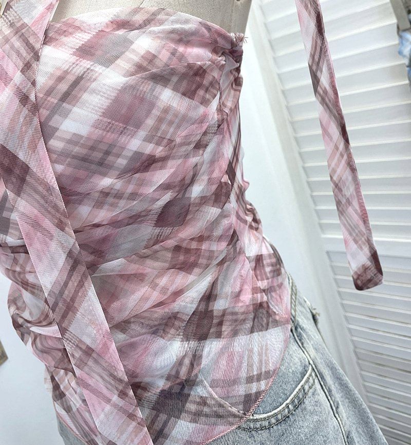 Plaid Ruched Padded Mesh Tube Top