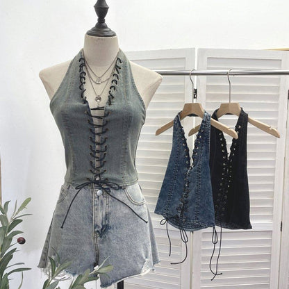 Halter Lace Up Denim Top