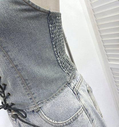 Halter Lace Up Denim Top