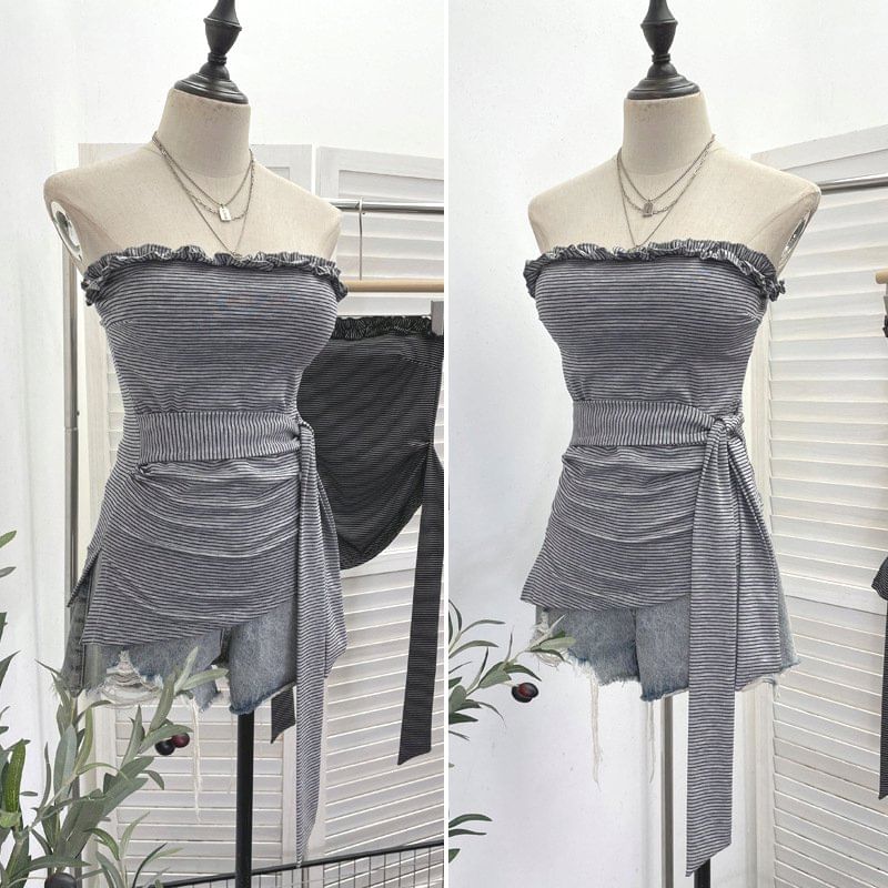 Striped Ruffle Asymmetrical Padded Tube Top