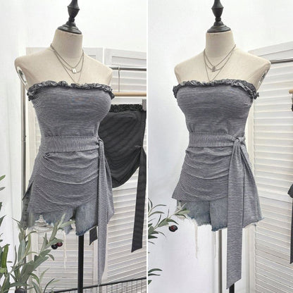 Striped Ruffle Asymmetrical Padded Tube Top