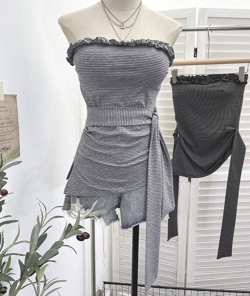 Striped Ruffle Asymmetrical Padded Tube Top