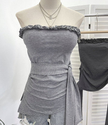 Striped Ruffle Asymmetrical Padded Tube Top