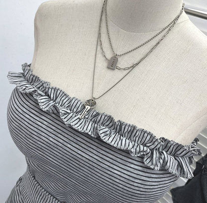 Striped Ruffle Asymmetrical Padded Tube Top