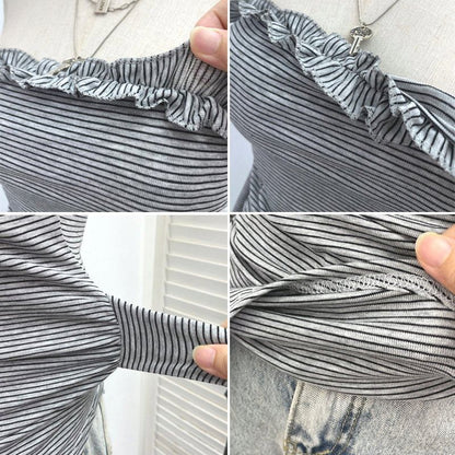 Striped Ruffle Asymmetrical Padded Tube Top