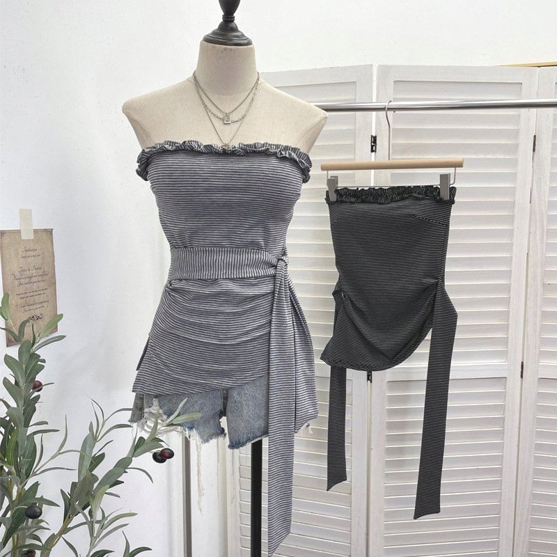 Striped Ruffle Asymmetrical Padded Tube Top