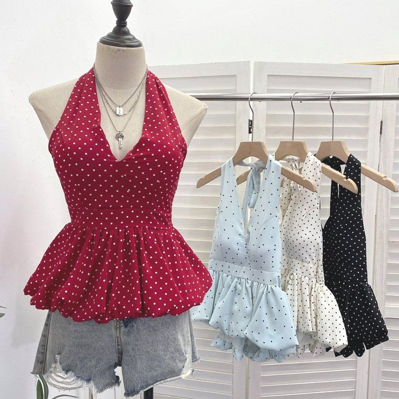 Halter Dotted Peplum Padded Top
